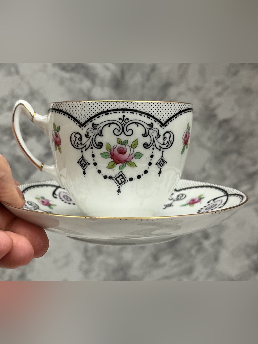 Antique Paragon Teacup and Saucer Set, Pink Rose Black Swag 1920s China